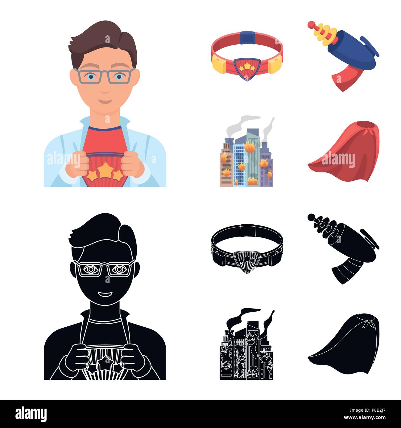 Mensch, Junge, Gläser und anderes Symbol in Cartoon, schwarz Stil. Superman, Riemen, gun Symbole in der Sammlung. Stock Vektor