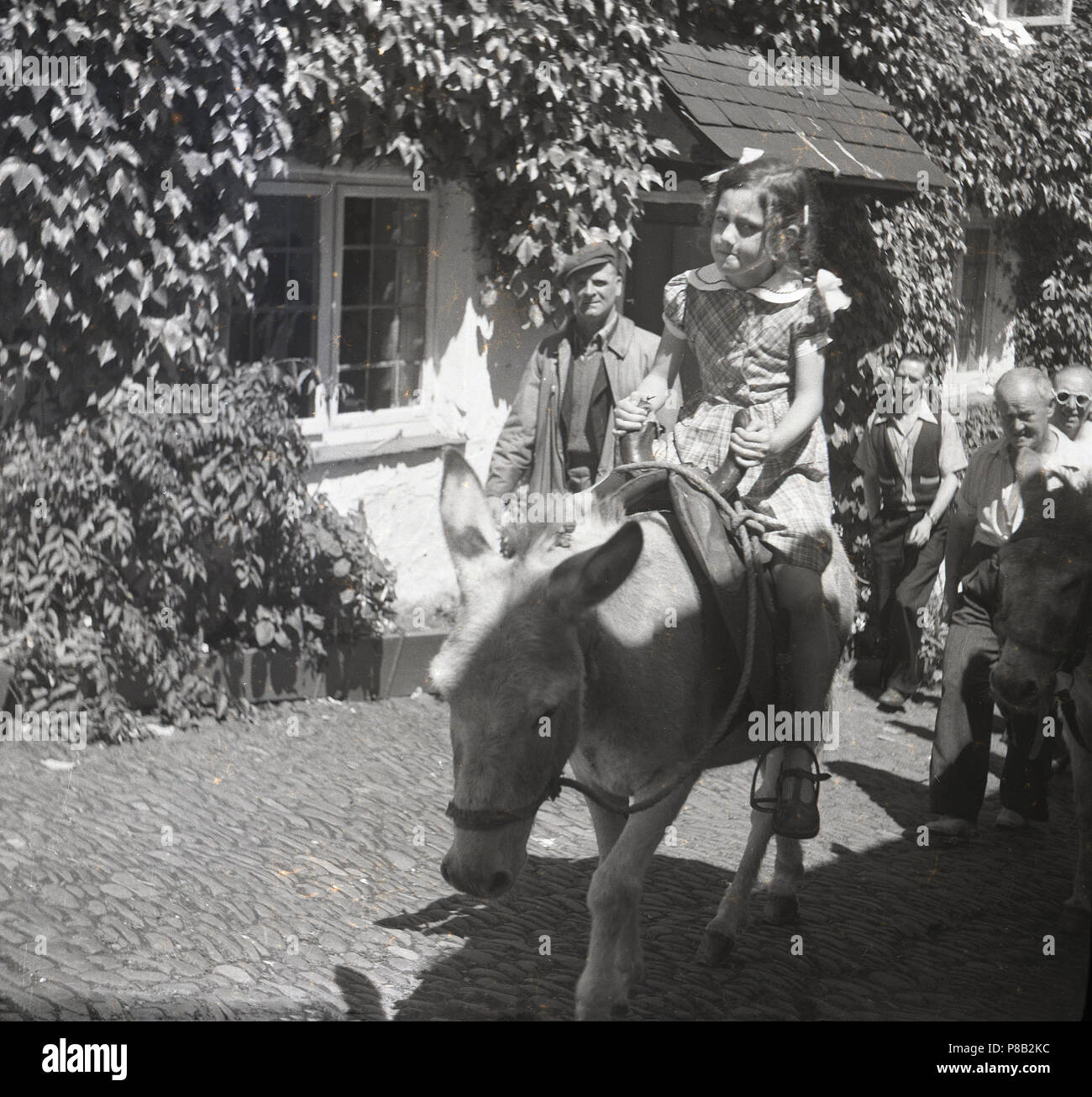 1950er Jahre, ein junges Mädchen auf einem Esel in Clovelly, Devon, England, UK. Jahrhundert Fischerdorf hat schmalen, steilen Straßen und so für Jahrhunderte Esel wurden für Waren und Leute aufstehen und auf der Straße verwendet. Stockfoto