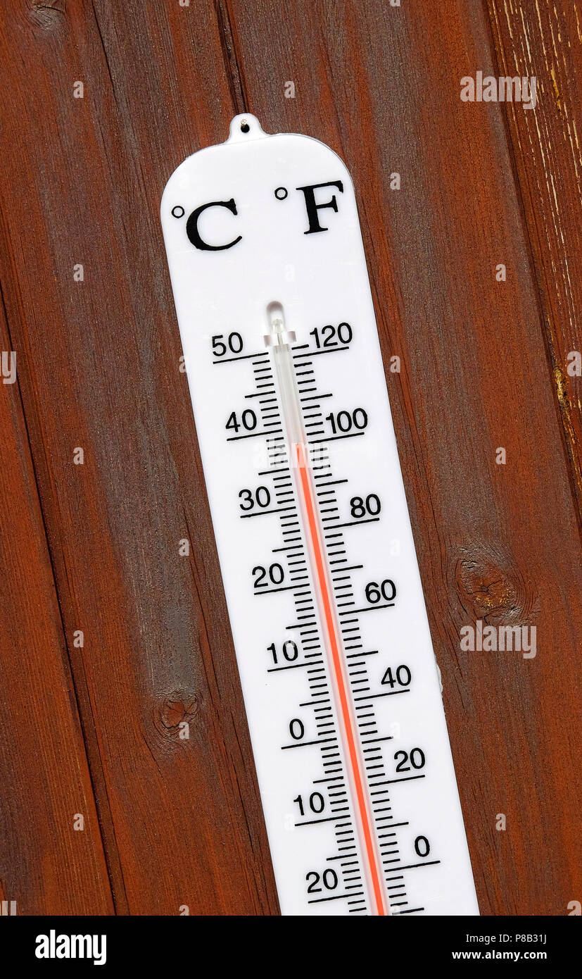 Thermometer auf Gartenhaus Tür Stockfoto