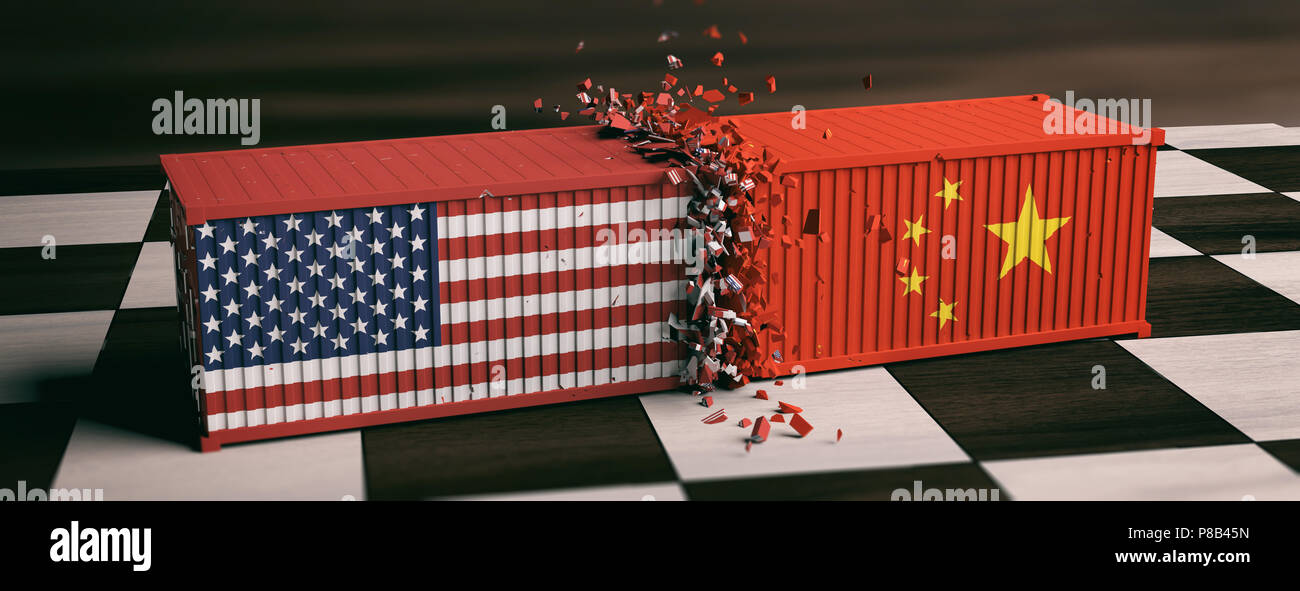 USA und China Handelskrieg. Uns von Amerika und chinesischen Flaggen abgestürzt Container am Schachbrett. 3D-Darstellung Stockfoto