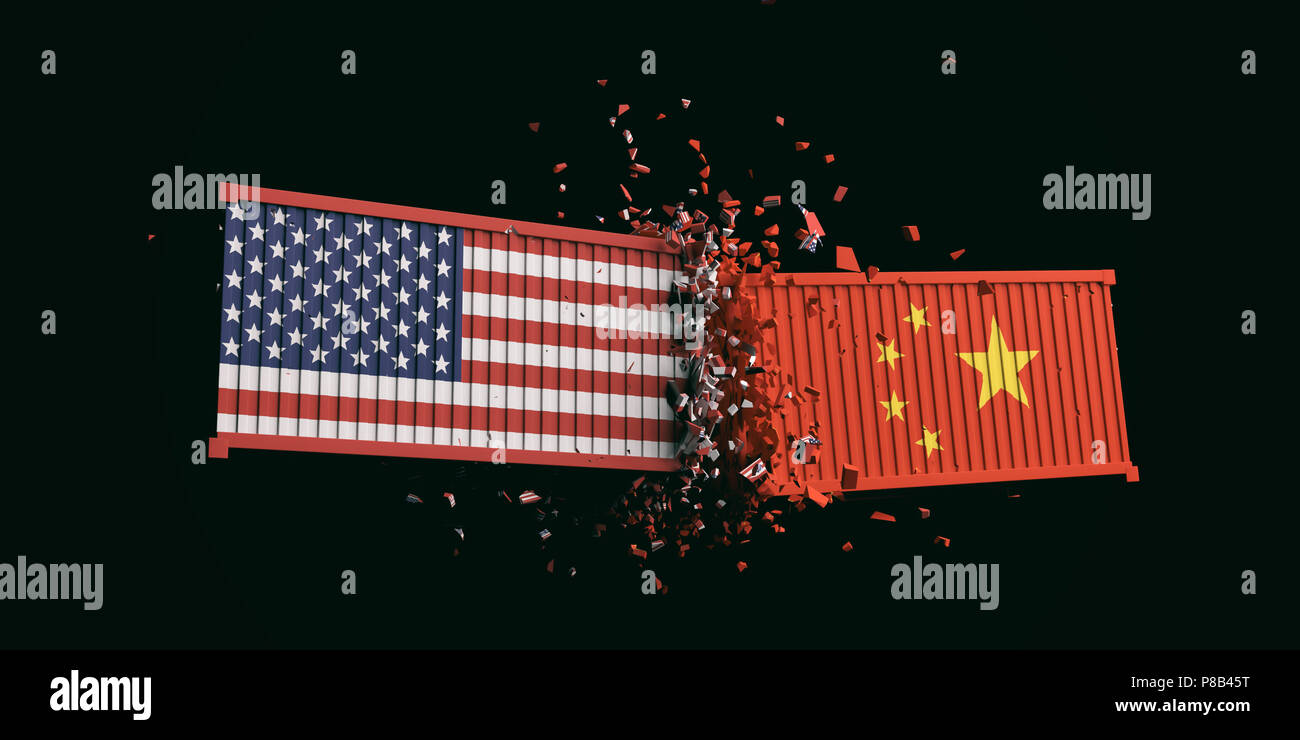 USA und China Handelskrieg. Uns von Amerika und chinesischen Flaggen abgestürzt Container auf schwarzem Hintergrund. 3D-Darstellung Stockfoto