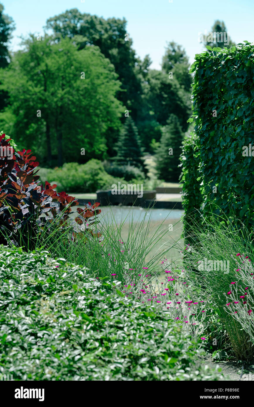 Mark Hall Garten und Arboretum Coggeshall Colchester, Blick von der ummauerten Garten, den See in der Ferne. Stockfoto