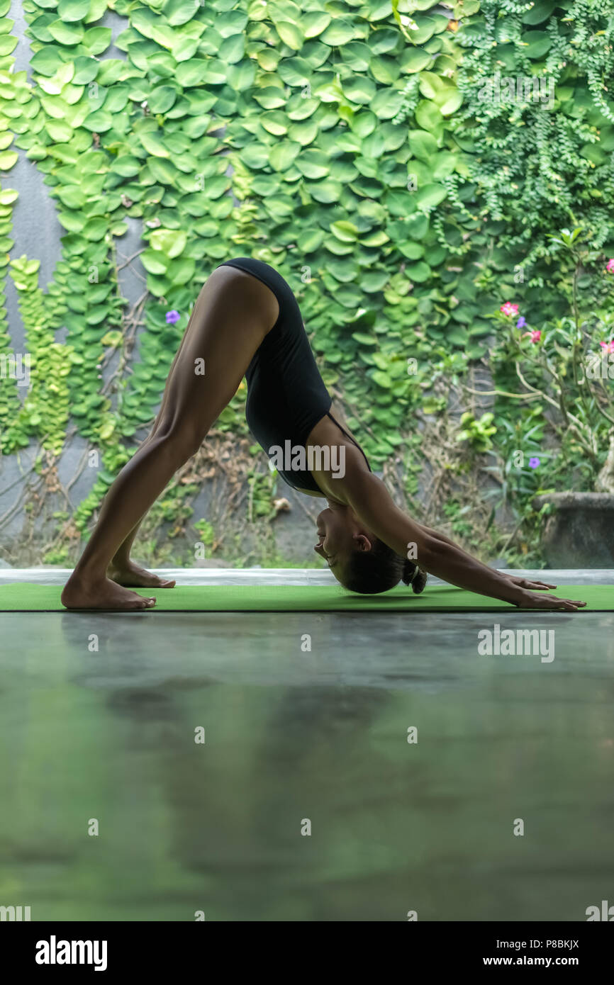 Seitliche Sicht auf schöne junge Frau Yoga in Downward-Facing Hund darstellen (Adho Mukha Svanasana) vor der Wand mit grünen Blättern bedeckt Stockfoto