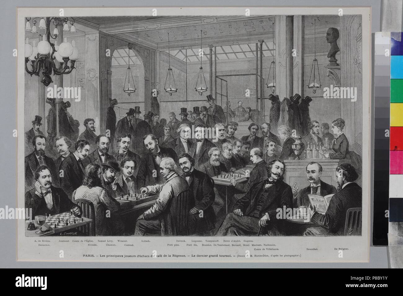 Das schachturnier im Café de La Régence (von Le Monde Illustré). Museum: I. Turgenjew Memorial Museum, Moskau. Stockfoto