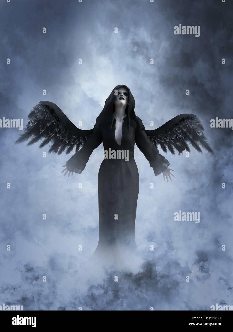 Ein Engel des Todes mit seiner schwarzen Flügel, 3D-Rendering. Sie ist durch Rauch oder Wolken wie ein Traum ist oder im Himmel umgeben. Stockfoto