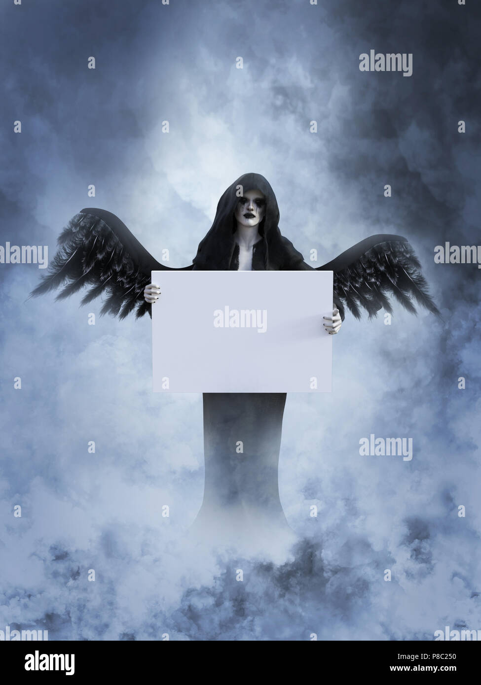 Ein Engel des Todes mit seiner schwarzen Flügel Holding ein leeres Zeichen für ihre göttliche Botschaft, 3D-Rendering. Sie ist durch Rauch oder Wolken wie es umgeben Stockfoto