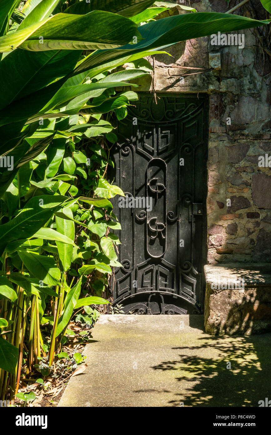 Ein altes verwittertes Holz- Eingang mit schmiedeeisernen Ende in einem Feld Steinmauer unter grossen tropischen Pflanzen Stockfoto