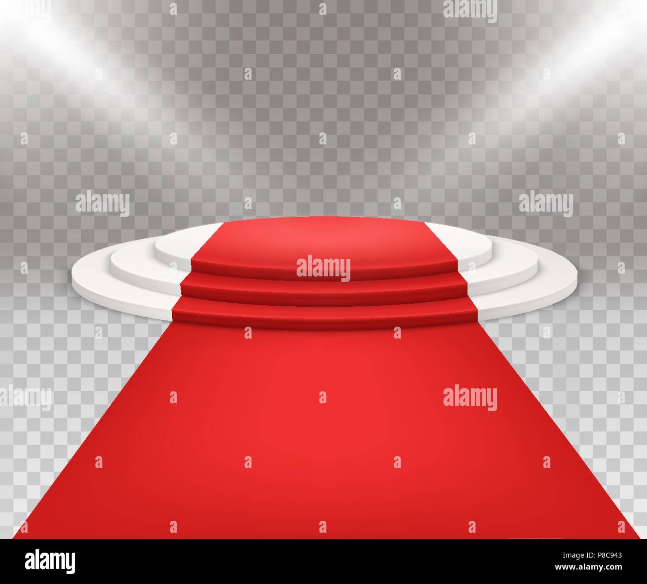 3D-isolierten drei runden weißen Podium mit roten Teppich getreten. Stock Vektor