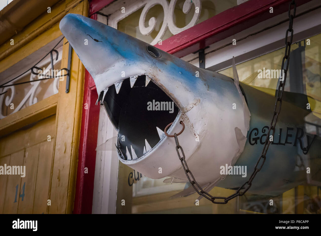 Weit geöffneten Mund eines Hais Kreatur außerhalb einer Galerie im alten Pannier Market in Bideford Devon England Großbritannien Stockfoto