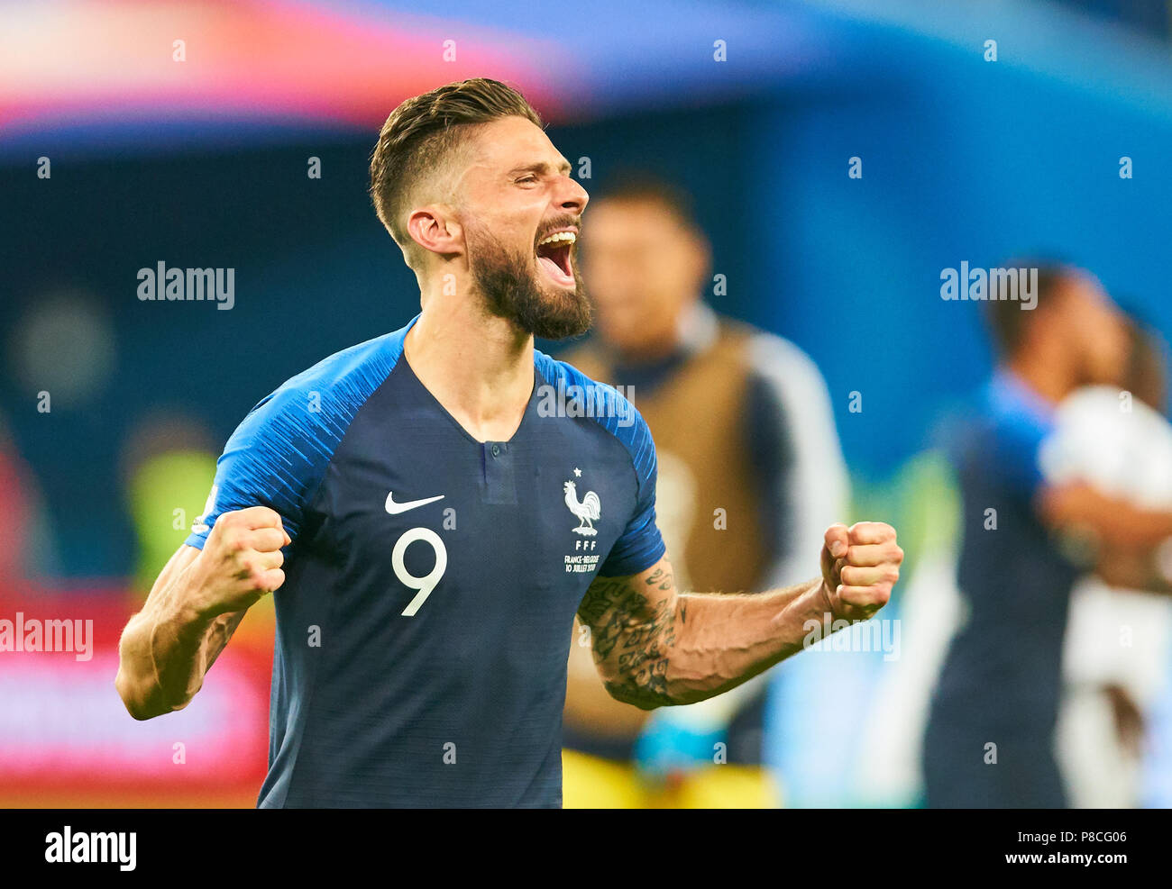 St. Petersburg, Russland. 10. Juli 2018. Belgien - Frankreich, Fußball, Sankt Petersburg, 10. Juli 2018 Olivier GIROUD, FRA 9 Jubel, Freude, Emotionen, feiern, lachen, Jubeln, Jubeln, reißt die Arme, ballte die Faust, BELGIEN - FRANKREICH FIFA WM 2018 Russland, Halbfinale, Saison 2018/2019, 10. Juli 2018 in Sankt Petersburg, Russland. © Peter Schatz/Alamy leben Nachrichten Stockfoto
