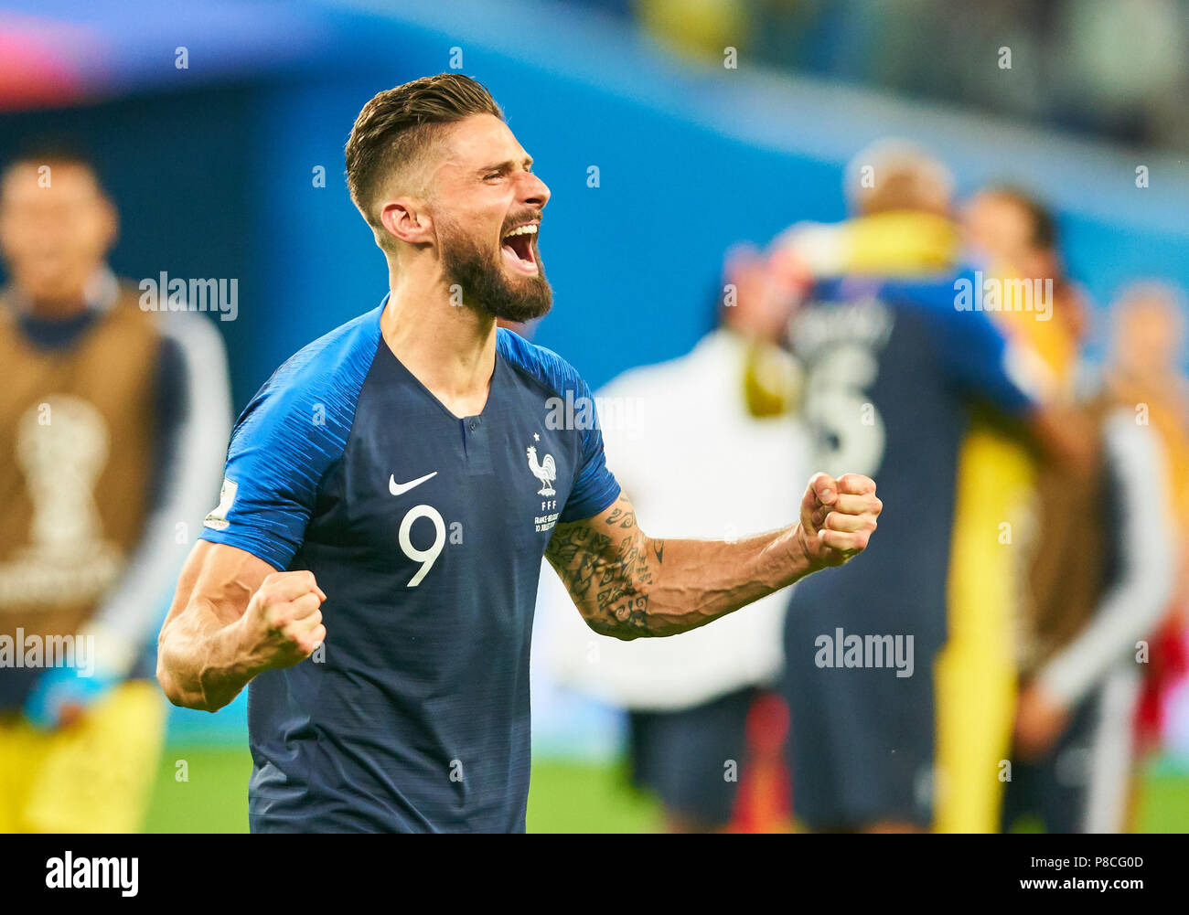 St. Petersburg, Russland. 10. Juli 2018. Belgien - Frankreich, Fußball, Sankt Petersburg, 10. Juli 2018 Olivier GIROUD, FRA 9 Jubel, Freude, Emotionen, feiern, lachen, Jubeln, Jubeln, reißt die Arme, ballte die Faust, BELGIEN - FRANKREICH FIFA WM 2018 Russland, Halbfinale, Saison 2018/2019, 10. Juli 2018 in Sankt Petersburg, Russland. © Peter Schatz/Alamy leben Nachrichten Stockfoto
