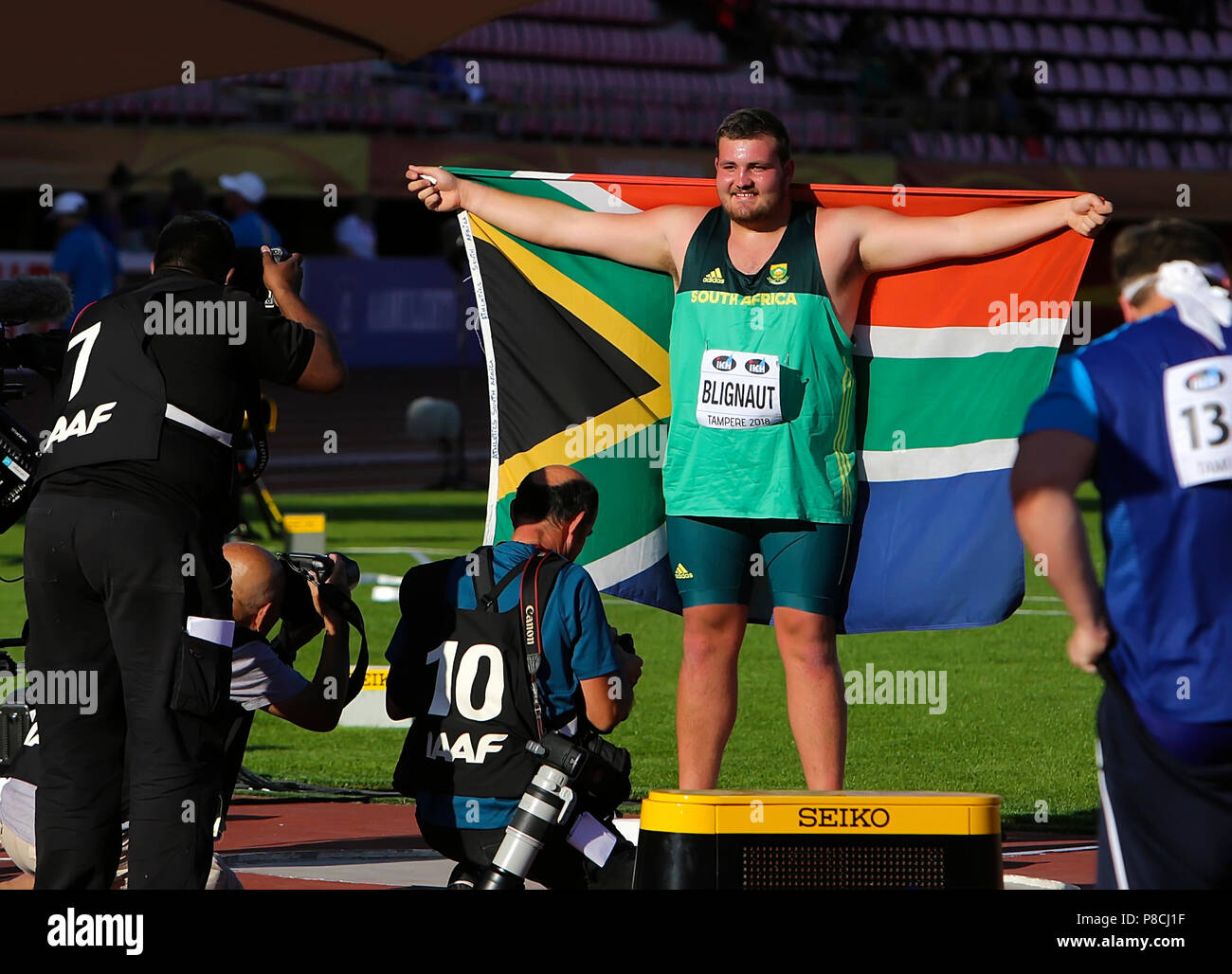 Tampere, Finnland. 10. Juli 2018. Kyle Blignaut aus Südafrika gewinnen Goldmedaille in den Schoß auf die IAAF World U20 Meisterschaften in Tampere, Finnland, am 10. Juli 2018. Credit: Denys Kuvaiev/Alamy Live News Credit: Denys Kuvaiev/Alamy leben Nachrichten Stockfoto