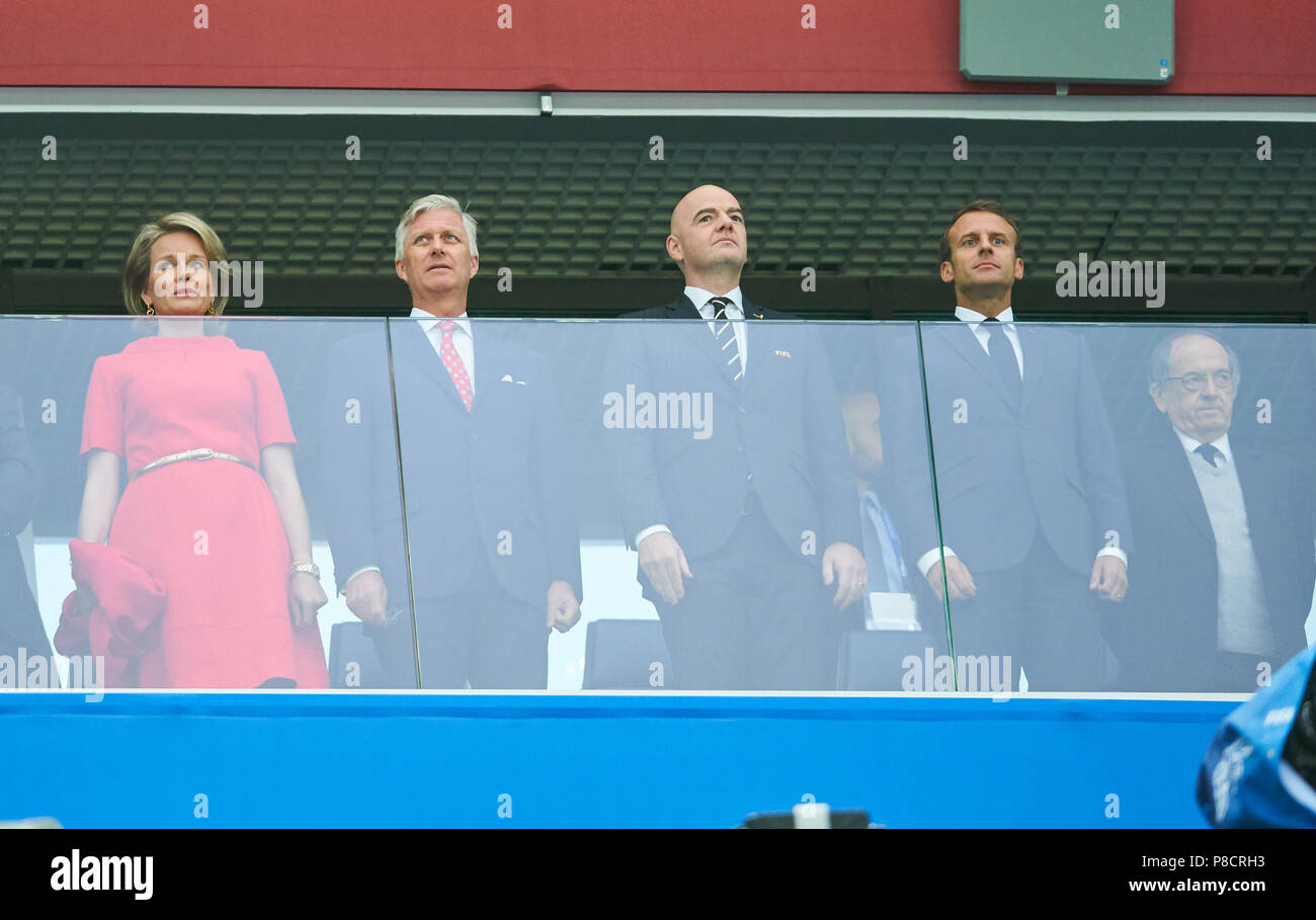 Belgien - Frankreich, Fußball, Sankt Petersburg, 10. Juli 2018 Royals König von Belgien Mathilde und Philippe, Gianni Infantino (SUI) FIFA-Präsident, Emmanuel LÄNGESTRICH, Präsident Frankreichs, Noël Le Graët, Präsident Französische Fußballverband FFF, BELGIEN - FRANKREICH 0-1 FIFA WM 2018 Russland, Halbfinale, Saison 2018/2019, 10. Juli 2018 in Sankt Petersburg, Russland. © Peter Schatz/Alamy leben Nachrichten Stockfoto