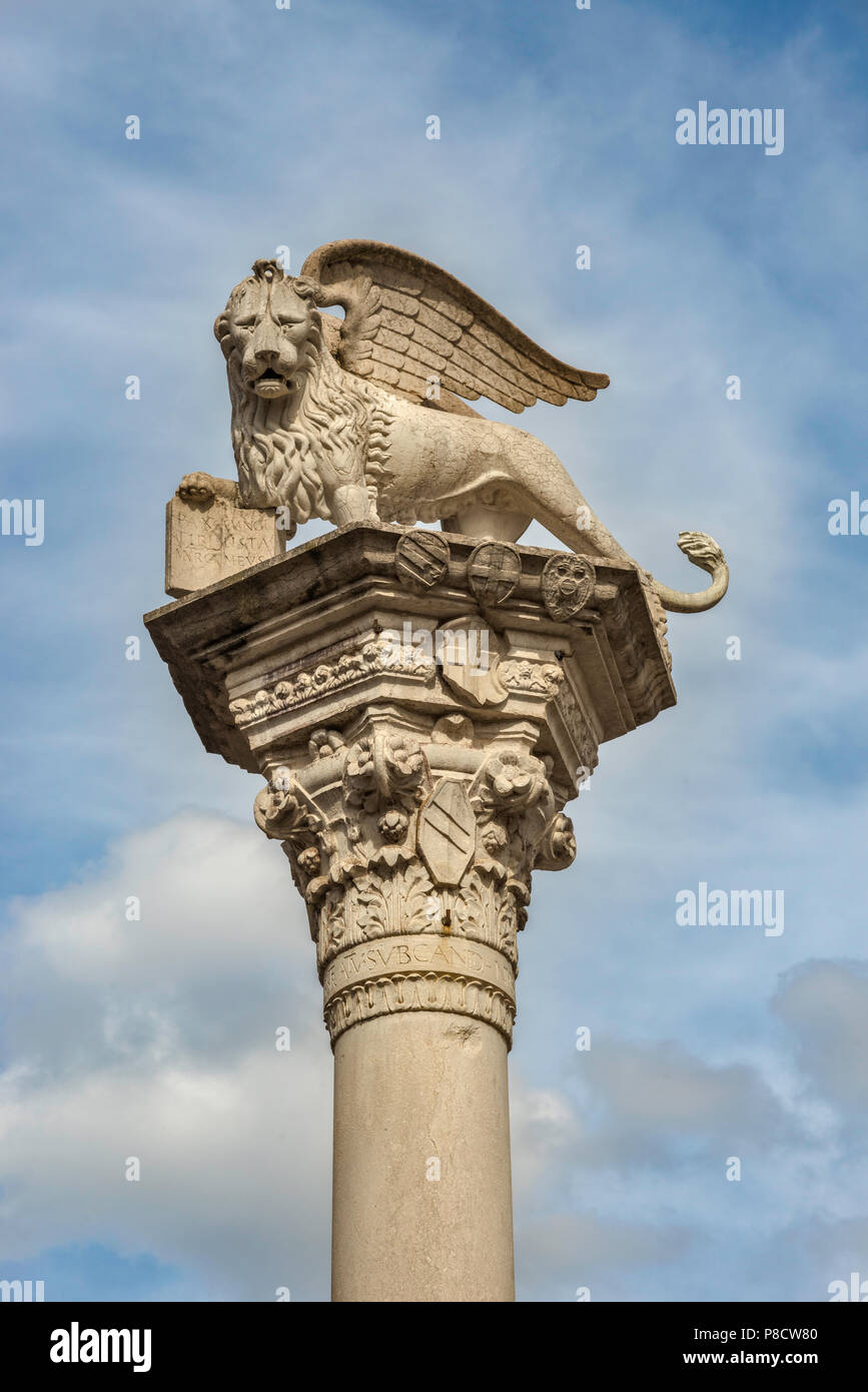Geflügelte Löwe von Venedig Statue, Spalte an der Piazza dei Signori, Vicenza, Venetien, Italien Stockfoto
