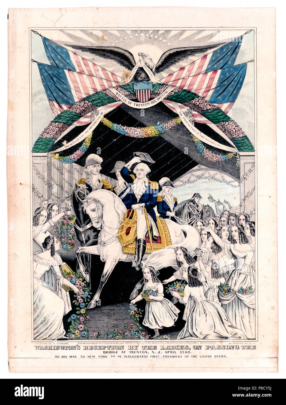Washingtons Empfang durch die Damen, über die Brücke in Trenton, N.J. April 1789 auf seinem Weg nach New York, um zum ersten Präsidenten der Vereinigten Staaten eingeweiht zu werden Stockfoto