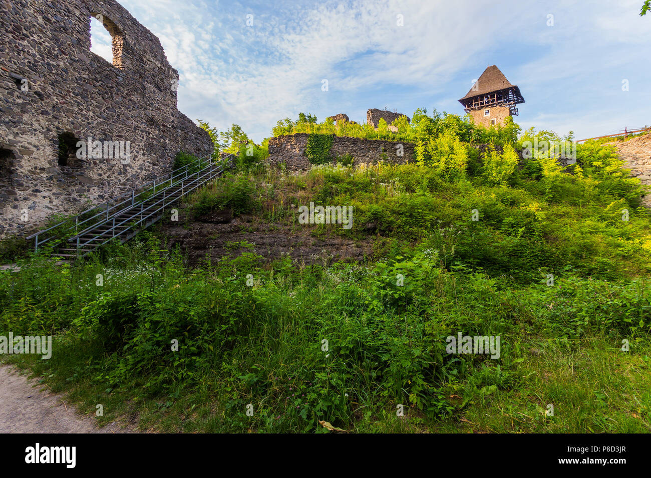 Der Turm und die Ruinen der Wände eines mächtigen nevytsky Schloss in Transkarpatien. Für ihr Design Stockfoto