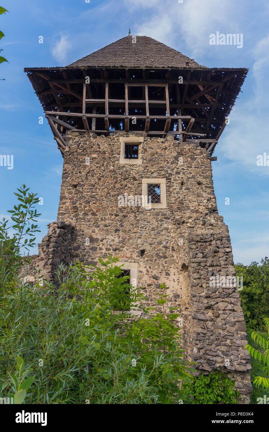 Teilweise Turm von einem herrlichen neviitskogo Burg auf einem Berg in der Nähe des Flusses Tisza wiederhergestellt. Ushgorod in der Ukraine. Für ihr Design Stockfoto