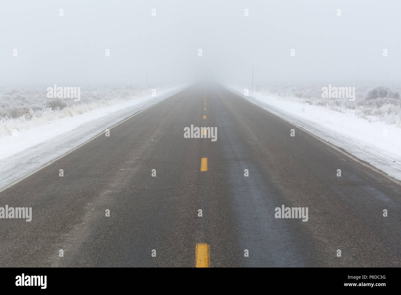 Das Gros Ventre Straße verschwindet in einer dicken Winter Nebel in Jackson Hole. Der Grand Teton National Park, Wyoming Stockfoto