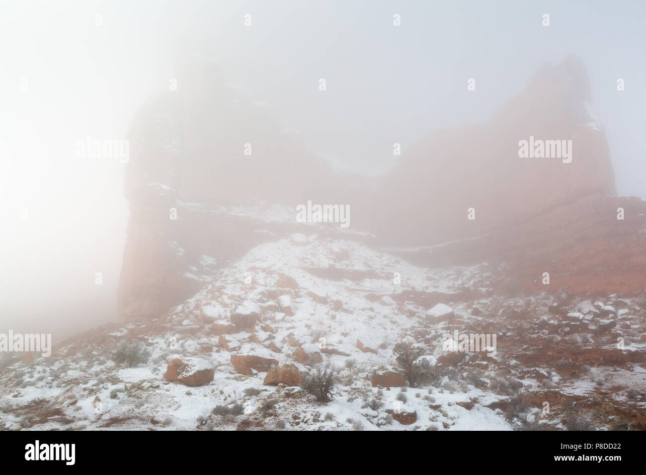 Eine große Butte an der Park Avenue Trailhead verschlungen in einer dicken Winter Nebel. Arches National Park, Utah Stockfoto