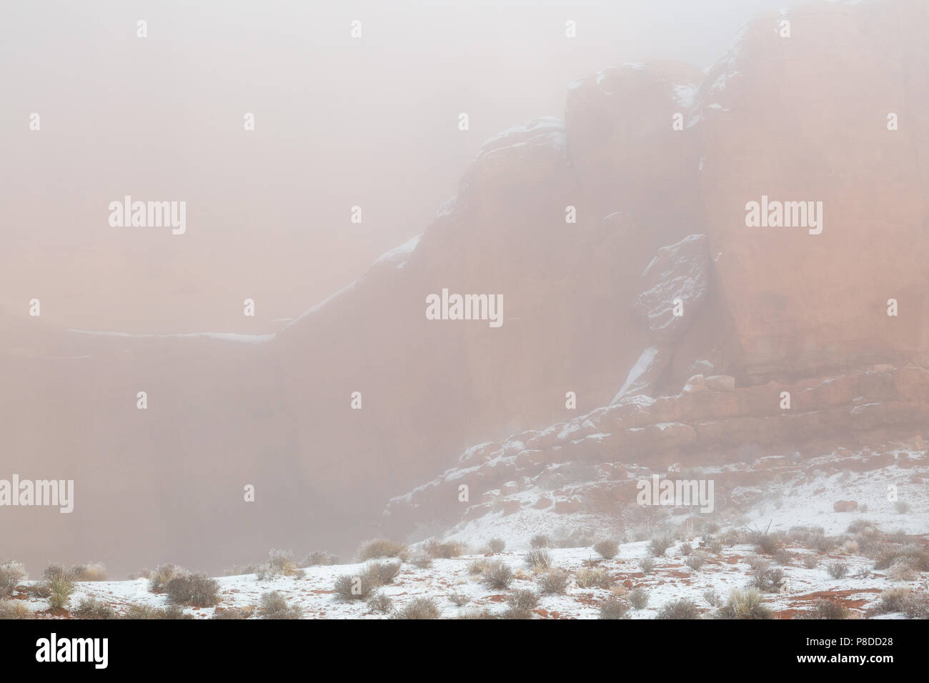 Ein dicker Nebel bedeckt, der Sandstein Buttes in der Nähe der Park Avenue Trail nach einer jüngsten Schneefälle. Arches National Park, Utah Stockfoto