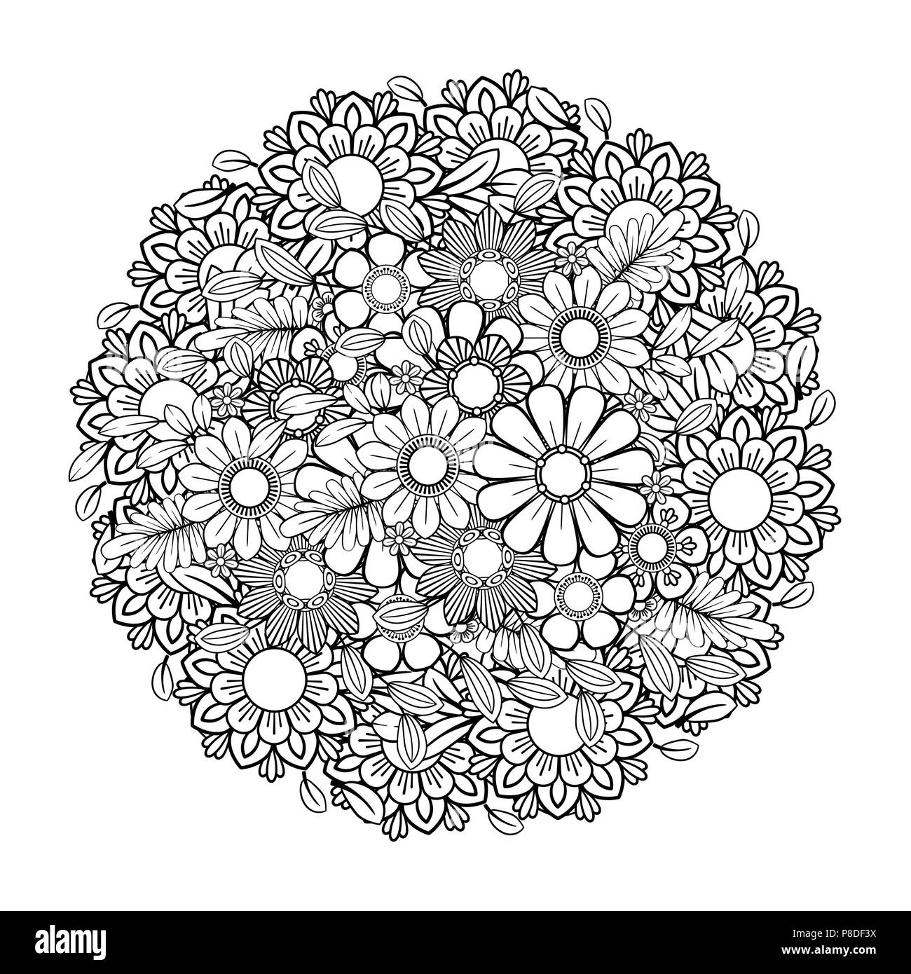 Nach Färbung mit Blumen Muster. Schwarze und weiße doodle Kranz. Florale Mandala. Blumenstrauß line Art Vector Illustration auf weißem Hintergrund. Rundes Design Element Stock Vektor
