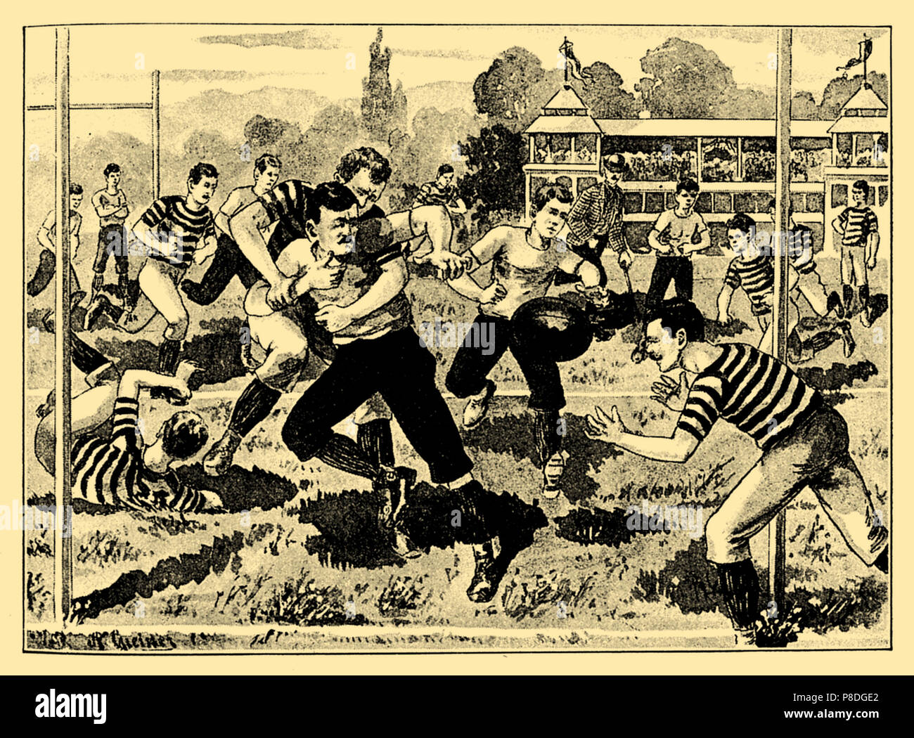 Rugby Spiel Szene, eine Greiner 1895 Stockfoto
