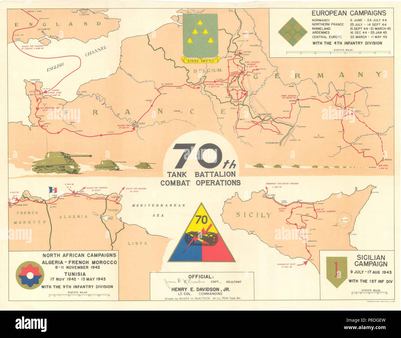 70. Tank Bataillon Kampfhandlungen Kampagne Karte Sizilien für Nordafrika und Europa 1942-1945. Stockfoto