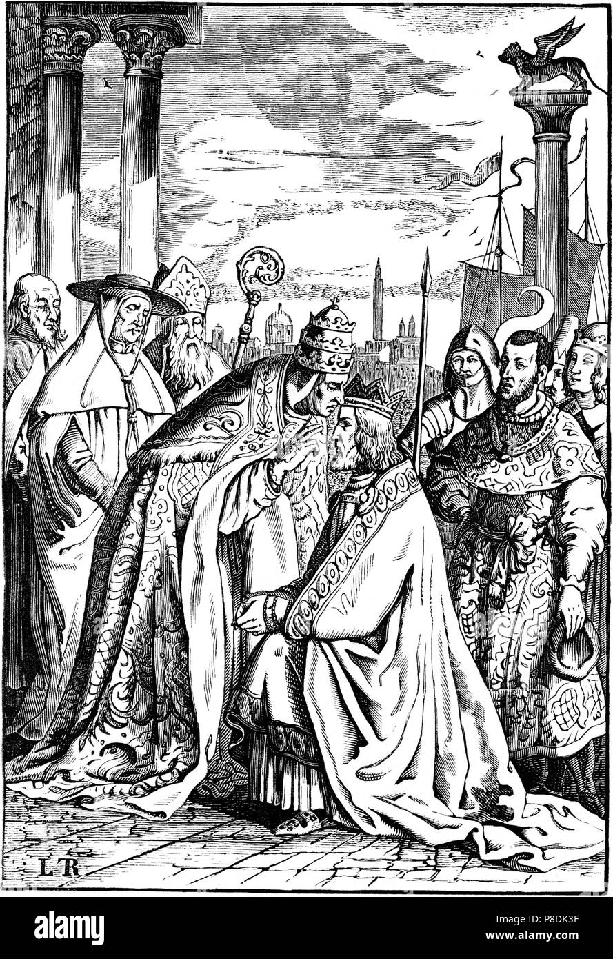 Friedrich Barbarossa und Papst Alexander III. in Venedig (Abbildung aus der "Geschichte des deutschen Volkes" von E.Duller). Museum: private Sammlung. Stockfoto