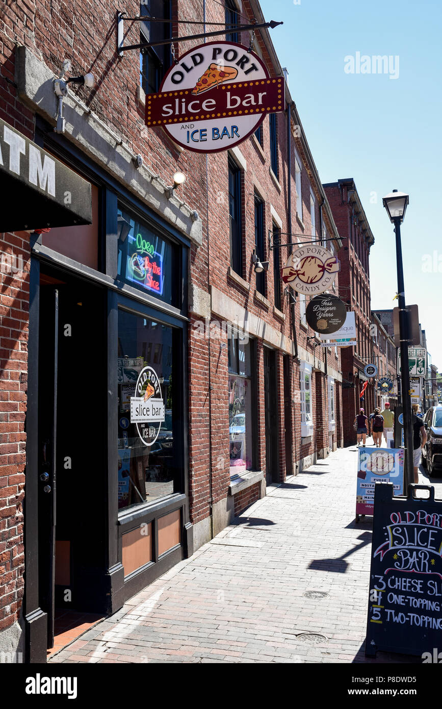 Portland Maine, Storefronts im alten Hafenviertel Stockfoto