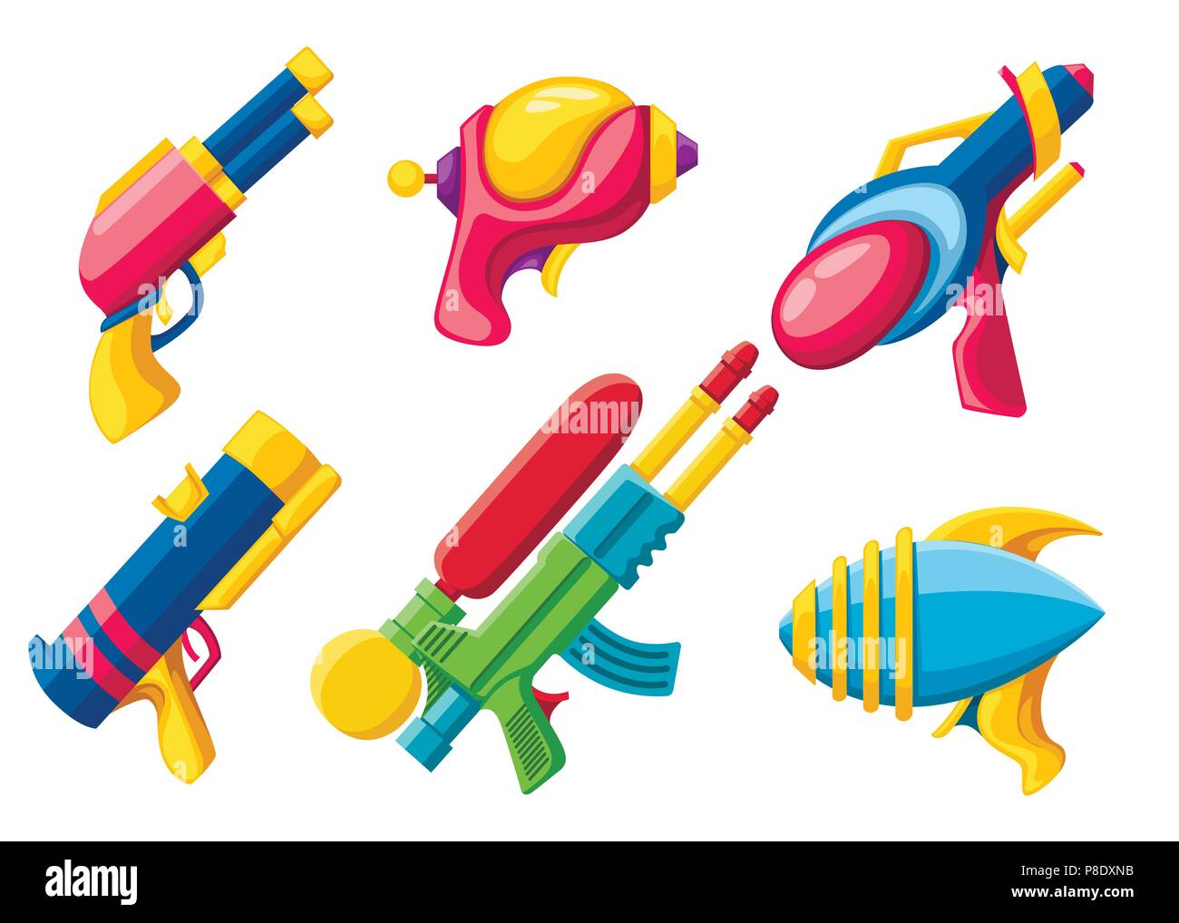Cartoon gun Collection. Flache Vektor farbenfrohen Spielzeuge. Platz Laserwaffen Design. Vector Illustration auf weißem Hintergrund. Stock Vektor