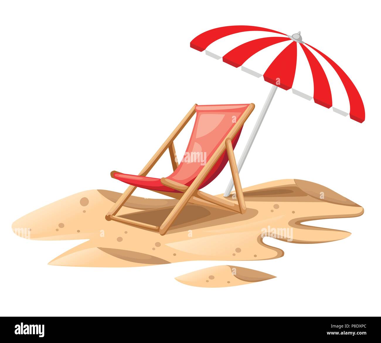Red Liege mit Sonnenschirm. Holzstuhl auf Sand. Farbenfrohe Sommer  Abbildung. Flache Vector Illustration auf weißem Hintergrund  Stock-Vektorgrafik - Alamy