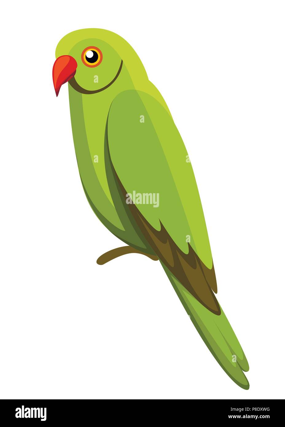 Green Parrot Vogel. Papagei auf Zweig Plakate, Kinder Bücher illustriert. Tropical bird Cartoon Stil. Auf weissem Hintergrund. Stock Vektor