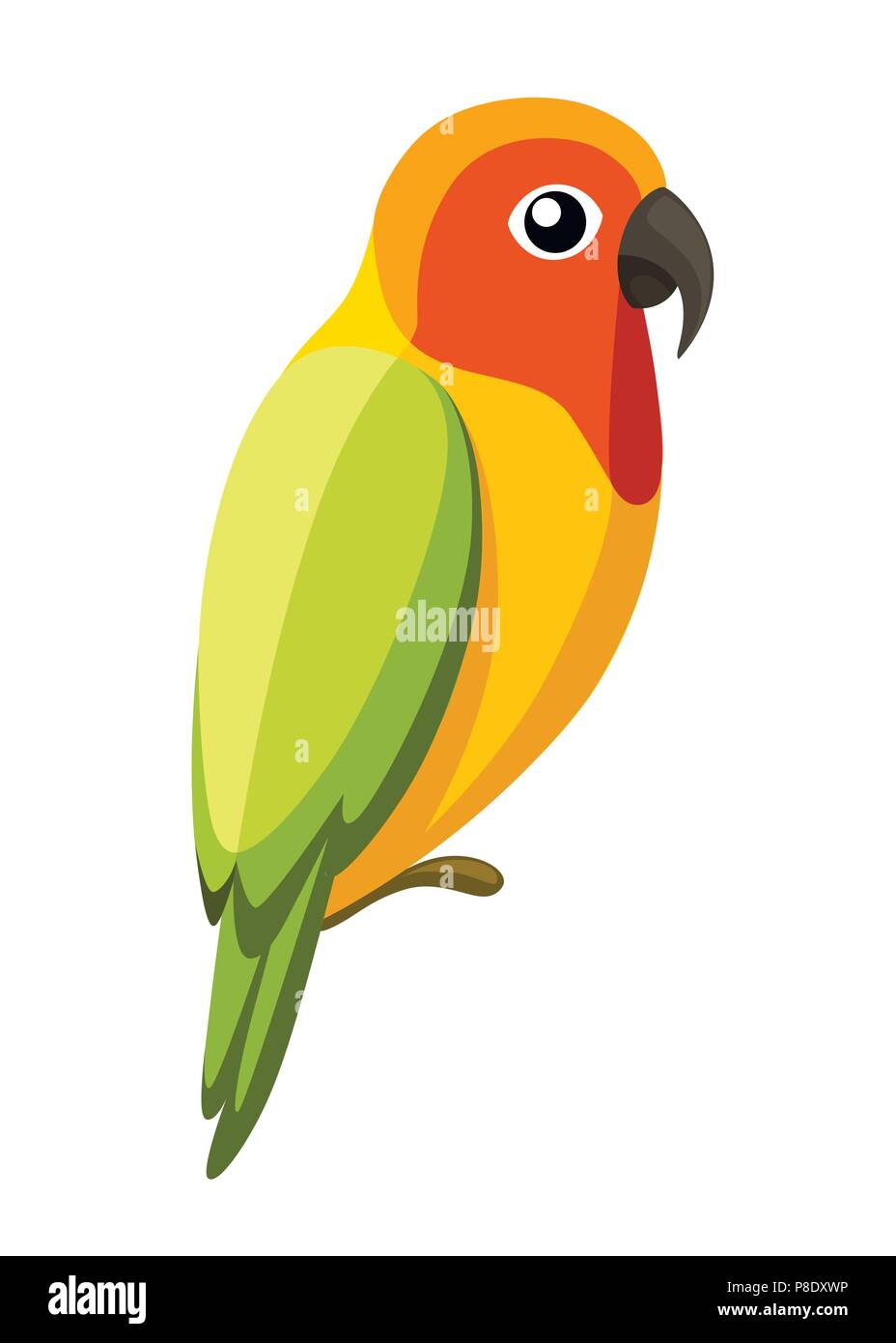 Bunte Papagei Vogel. Papagei auf Zweig Plakate, Kinder Bücher illustriert. Tropical bird Cartoon Stil. Auf weissem Hintergrund. Stock Vektor