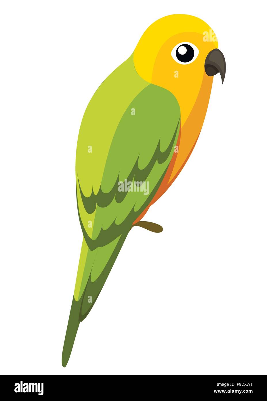 Green Parrot Vogel. Papagei auf Zweig Plakate, Kinder Bücher illustriert. Tropical bird Cartoon Stil. Auf weissem Hintergrund. Stock Vektor