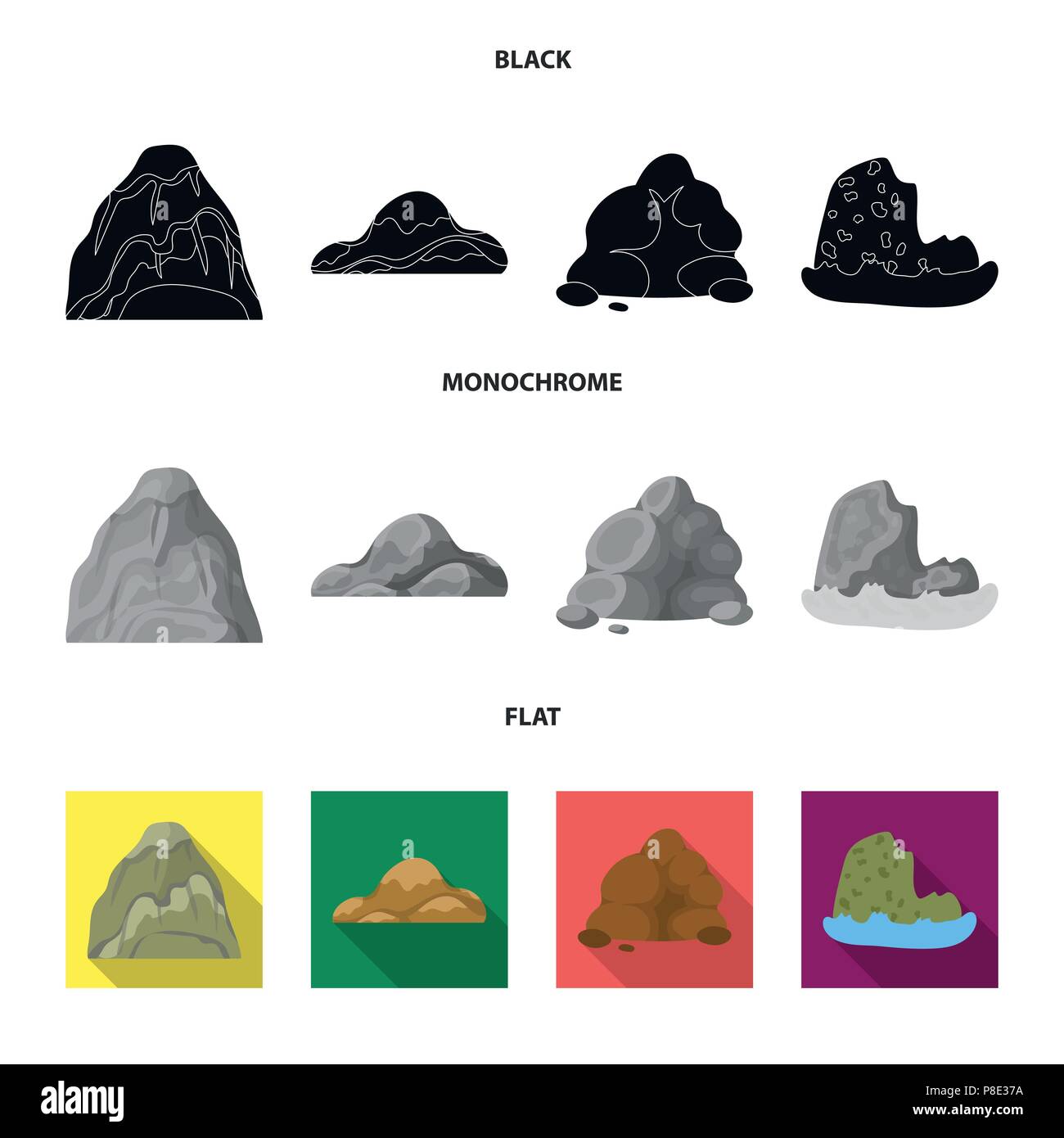 Geröll, eine abgerundete Berge, Felsen im Meer. Verschiedene berge Sammlung Icons in Schwarz, flach, Schwarzweiß-Stil vektor Symbol lieferbar Illustra Stock Vektor