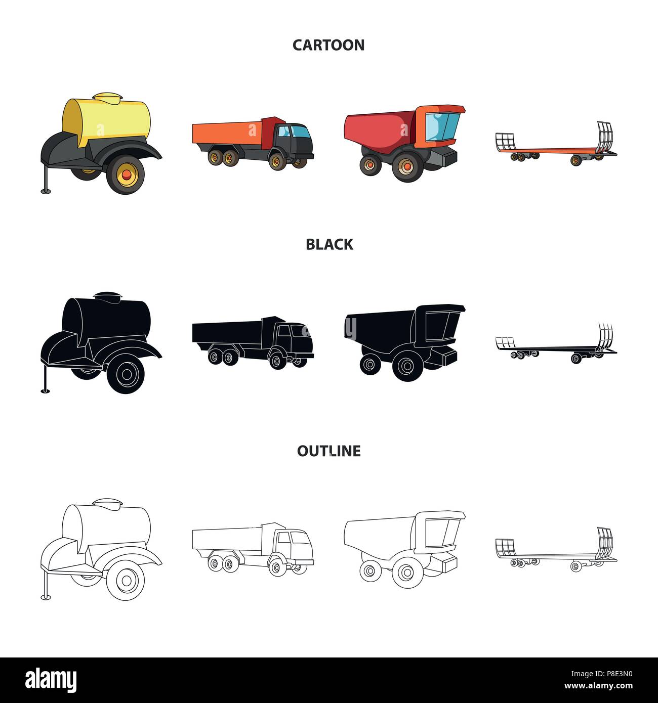 Anhänger mit einem Faß, Lkw und andere landwirtschaftliche Geräte. Landwirtschaftliche Maschinen ein Sammlung Icons im Cartoon, schwarz, Outline style Vektor Symbol Stock Vektor
