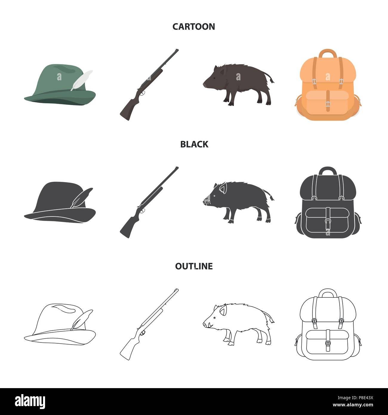 Eine Jagd Hut mit einer Feder, ein Wildschwein, ein Gewehr, einen Rucksack  mit Sachen. Jagdausrüstung Sammlung Icons im Cartoon, schwarz, Outline  style Vektor Symbol Stock-Vektorgrafik - Alamy