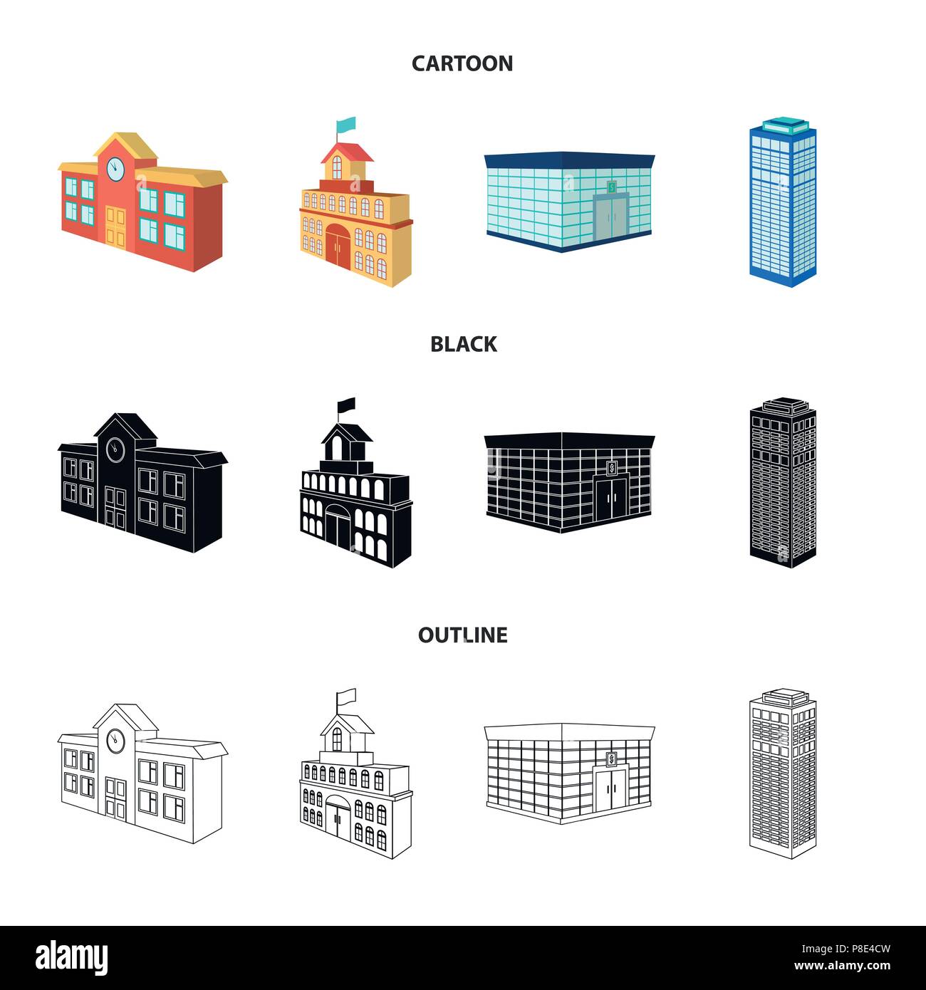 Bank office, Wolkenkratzer, Rathaus Gebäude, Hochschule Gebäude. Architektur und Struktur Sammlung Icons im Cartoon, schwarz, Outline style Vektor Stock Vektor