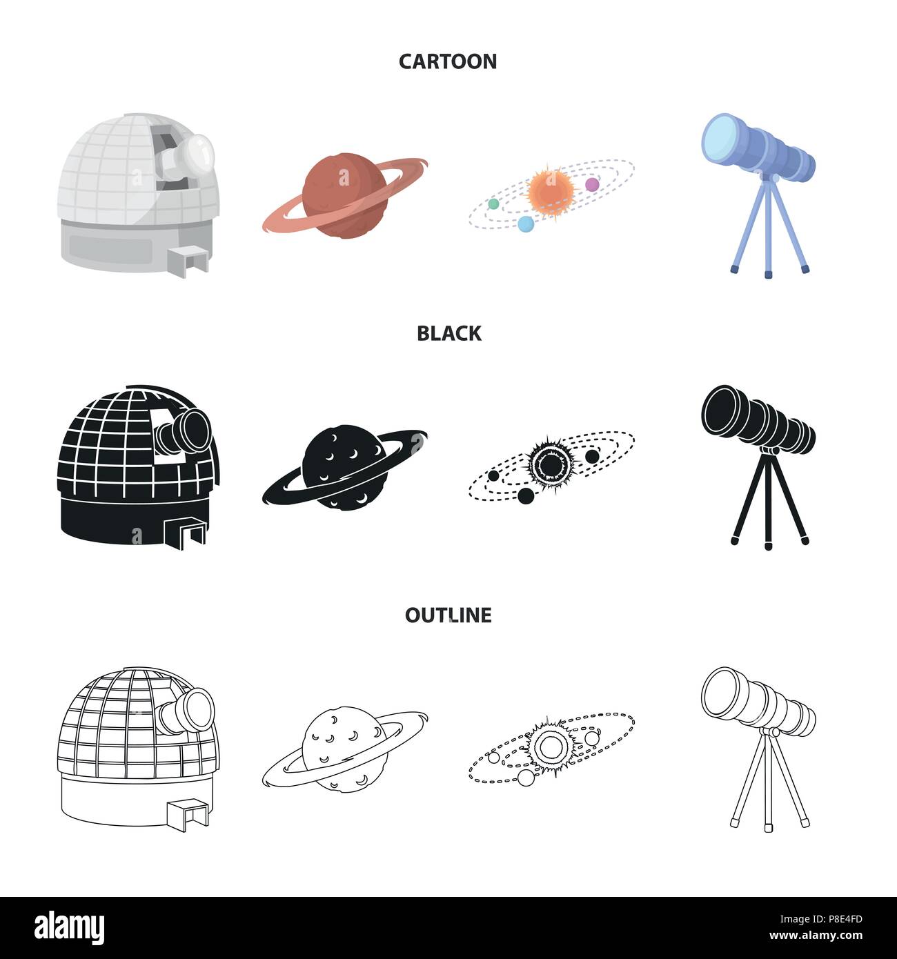 Observatorium mit einem Radioteleskop, Mars, Solaranlage mit Umlaufbahnen von Planeten, Teleskop auf einem Stativ. Raum Sammlung Icons im Cartoon, schwarz, o Stock Vektor Observatorium mit einem Radioteleskop, Mars, Solaranlage mit Umlaufbahnen von Planeten, Teleskop auf einem Stativ. Raum Sammlung Icons im Cartoon, schwarz, o Stock Vektor