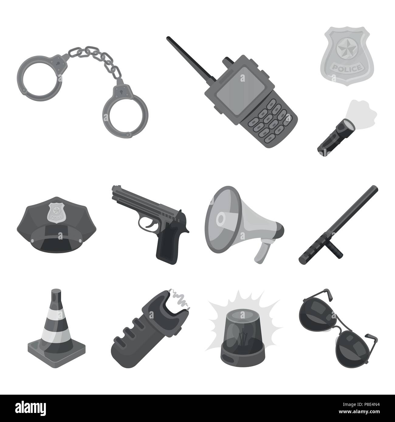 Polizei, Abteilung monochrome Icons im Set Sammlung für Design. Detektiv und Zubehör vektor Symbol lieferbar Abbildung. Stock Vektor