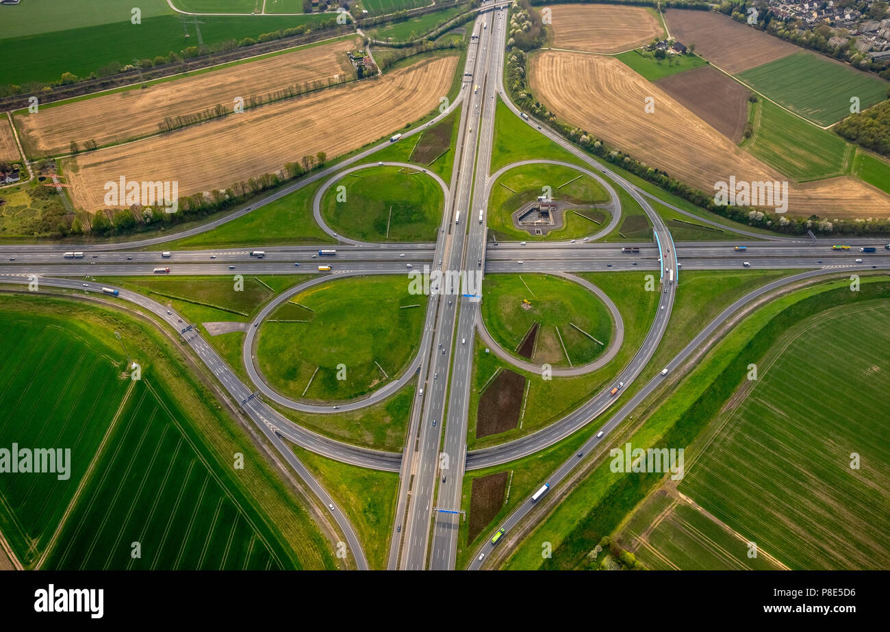 Luftaufnahme, Kamener Kreuz in Kleeblatt, Autobahnkreuz A 1 und A 2, Kamen, Ruhrgebiet, Nordrhein-Westfalen Stockfoto