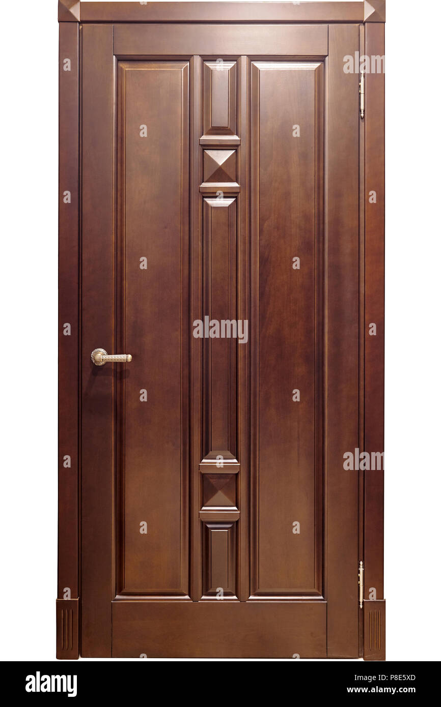 Isolierte braun Metall mit Holz- overlays Eingangstüren mit einer Messing auf weißem Hintergrund Griff Stockfoto