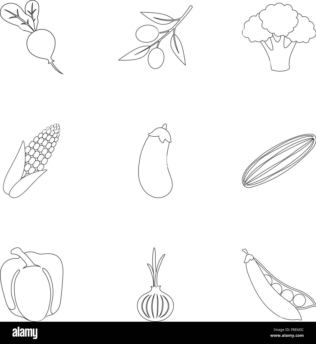 Gemüse Symbole in der gliederungsansicht Stil. Große Sammlung von Gemüse vektor Symbol lieferbar Stock Vektor