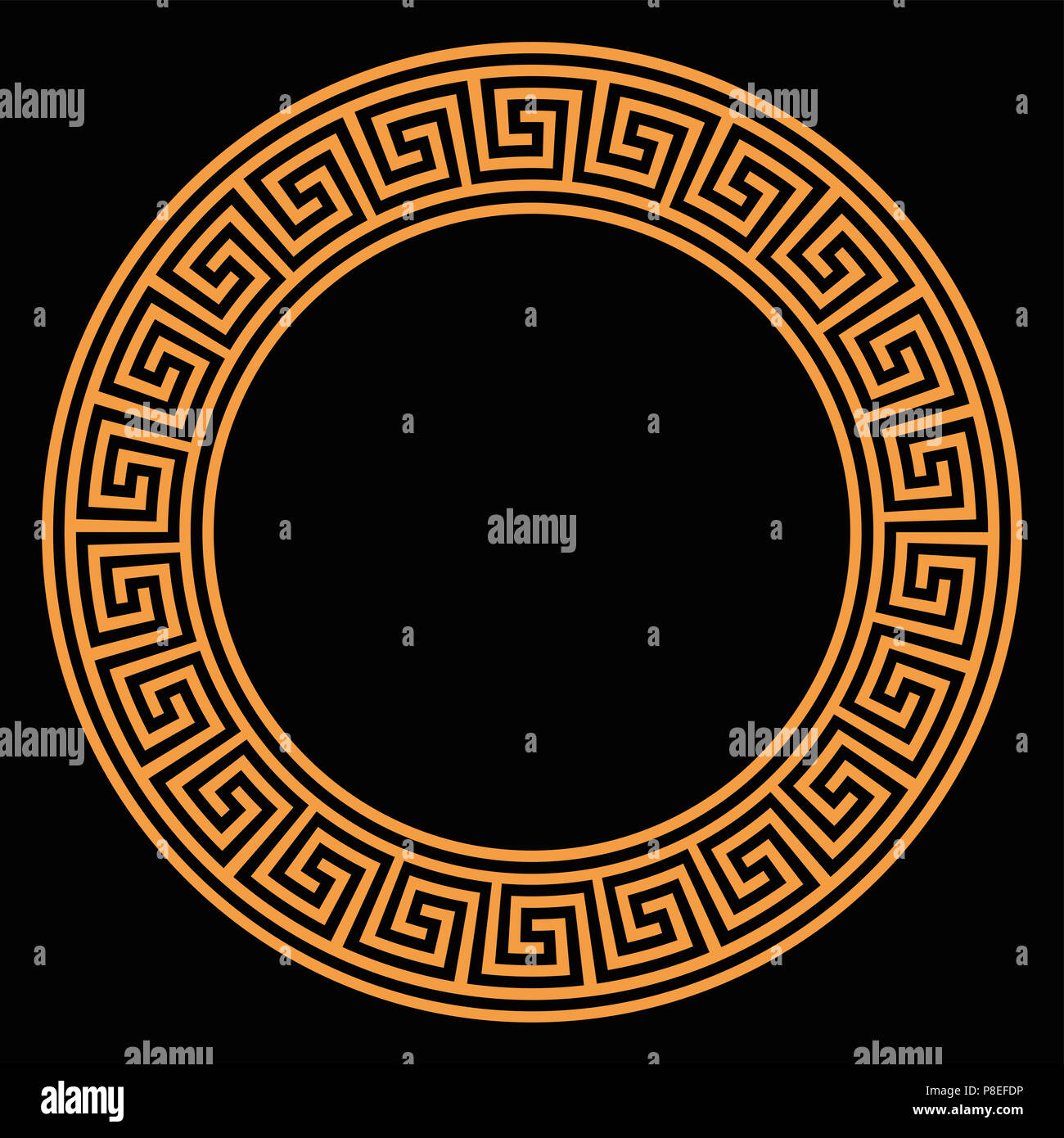 Ring mit nahtloser Mäander Muster auf schwarzen Hintergrund. Orange meandros, eine dekorative Grenze, aus Linien, in ein wiederholtes Motiv und Gestaltung geprägt. Stockfoto