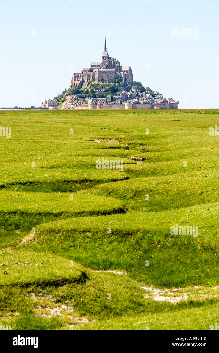 Blick auf den Mont Saint-Michel tidal Island in der Bretagne, Frankreich, mit dem trockenen Bett von einem stream snaking in der Salzwiese im Vordergrund. Stockfoto