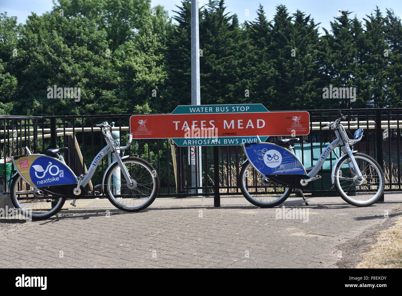 Bild zeigt eine Wasser-Bus auf dem Weg nach Unten am Fluss Taff, Cardiff, South Wales, neben dem Fürstentum Stadium, Taffs Mead stop mit Nextbike Stockfoto