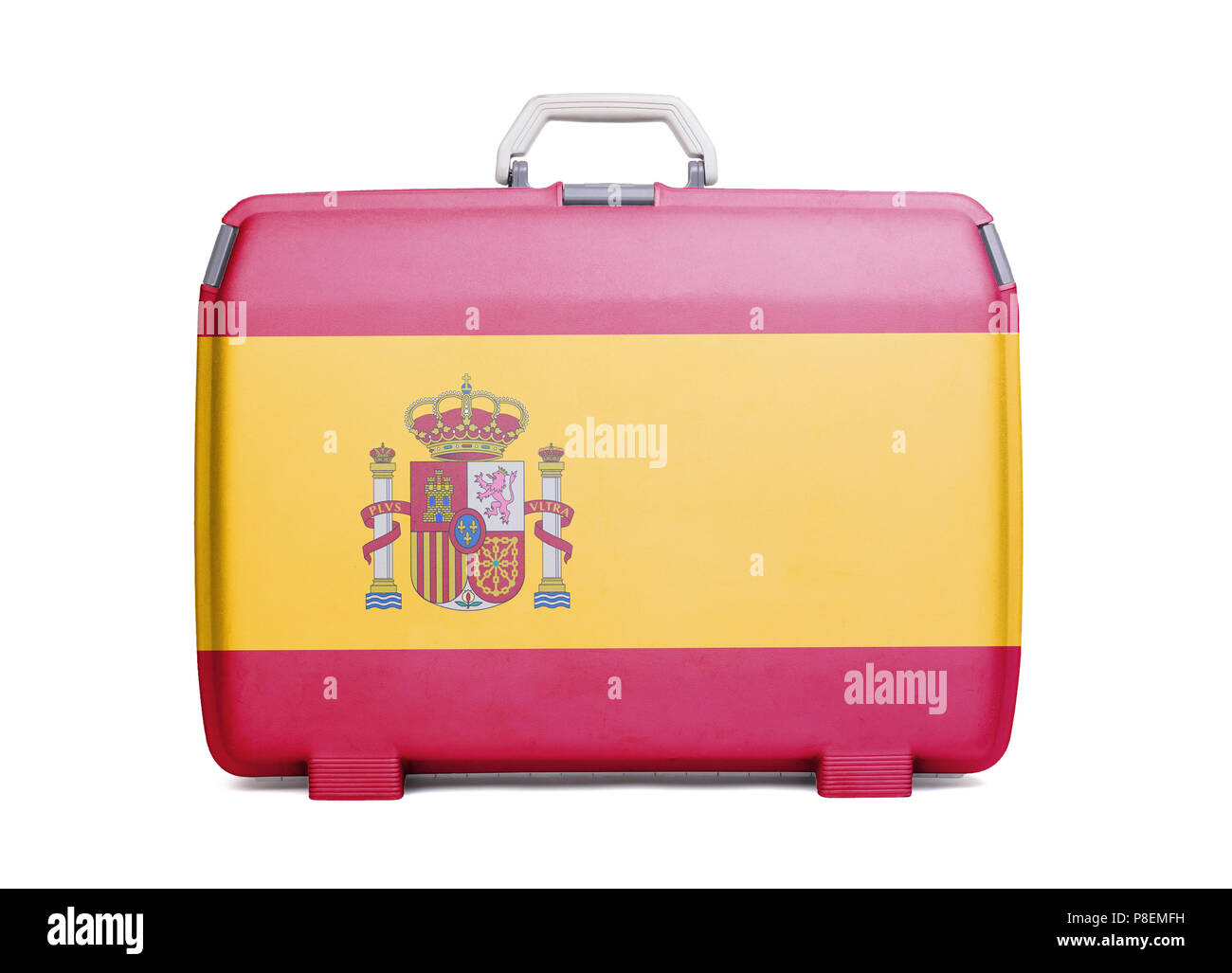 Verwendete Kunststoff Koffer mit Flecken und Kratzer, mit Fahne gedruckt, Spanien Stockfoto