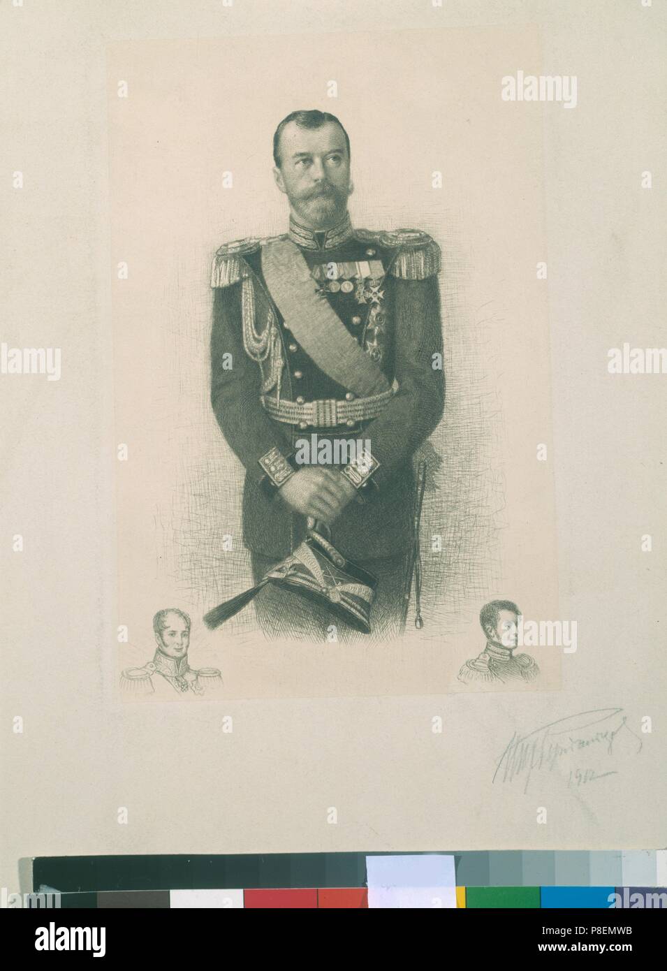 Portrait von Kaiser Nikolaus II. mit Remarque-Portraits der Kaiser Alexander I. und Nikolaus I. Museum: Staatliche Eremitage, St. Petersburg. Stockfoto