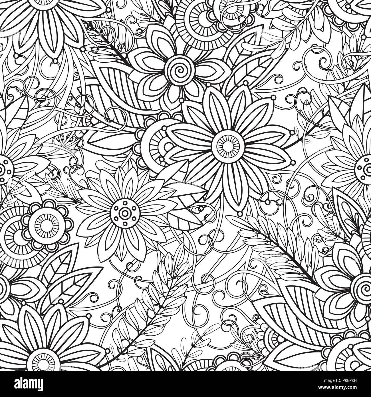 Hand nahtlose Muster mit Blätter und Blumen gezeichnet. Doodles floralen Ornament. Schwarz und Weiß dekorative Elemente. Perfekt für Tapeten, erwachsene Malbücher, Webseite Hintergrund, Oberflächenstrukturen. Stock Vektor