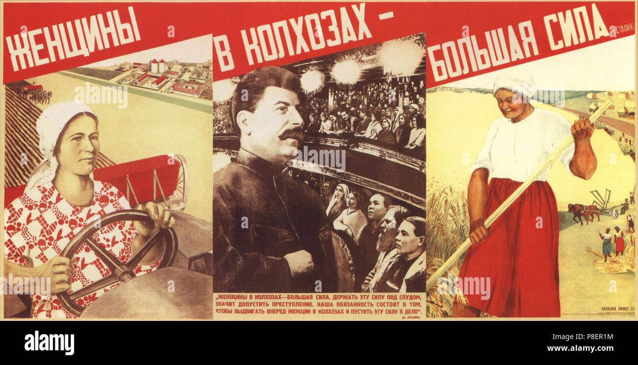 Frauen in den Kolchosen sind eine großartige Leistung (J. Stalin) Poster. Museum: Russian State Library, Moskau. Stockfoto